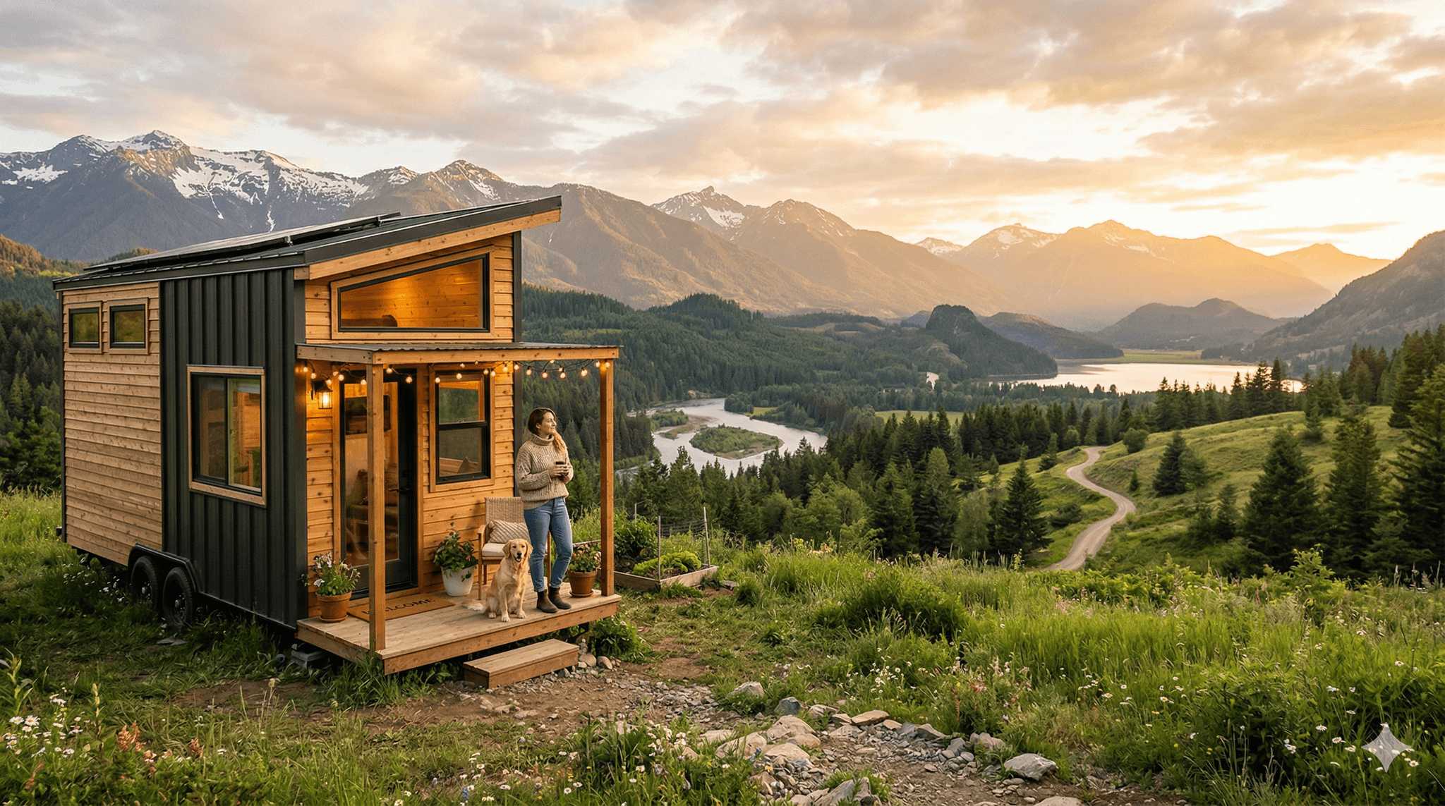 A modern tiny home overlooking a mountain valley at sunset.